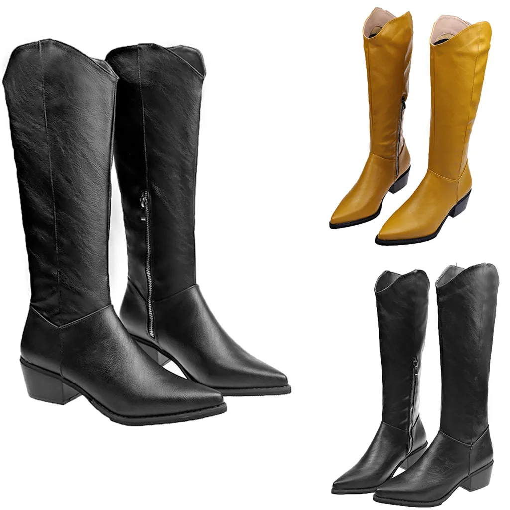 Women's leather boots Pointed Toe Low-heeled Casual knee high boots Keep Warm Tassel Zipper winter boots zapatos de mujer