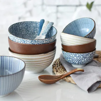 

Japanese Style Classical Ceramic Blue And White Kitchen Rice Bowl Big Ramen Soup Bowl Spoon Small Tea Tableware Eco-Friendly