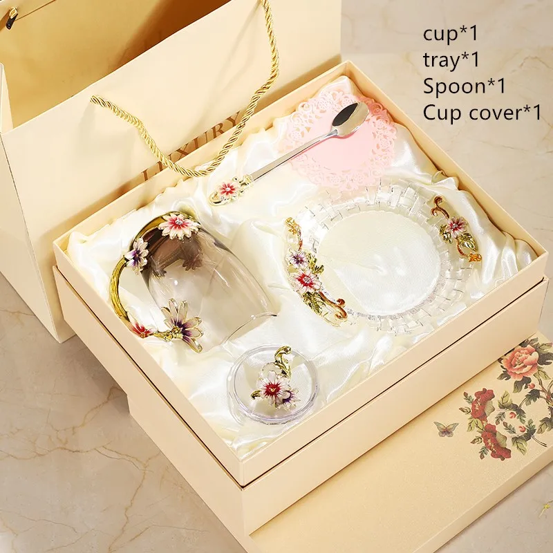 With gift box Креативные эмалированные чашки цветочные чашки соки чашки термостойкие Хрустальные стеклянные бытовые кофейные чашки стеклянный набор - Цвет: With gift box