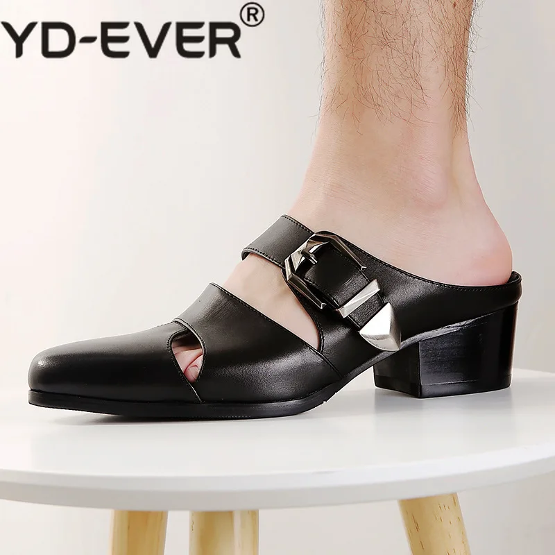 Novelty Genuine Leather Mens Slippers Pointed Toe Business Summer Hollow Leather Shoes Top Brand British Buckle Sandals Black