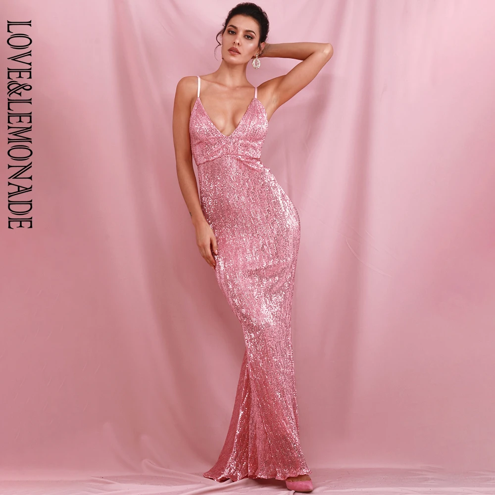 Женское платье макси LOVE &amp LEMONADE розовое эластичное с блестками и V-образным