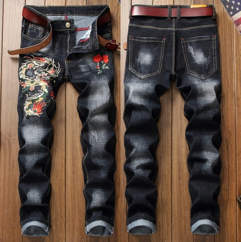 Male hole badge embroidery style denim trousers pants Fashion New Men's Casual Slim Patch Jeans Dropshipping
