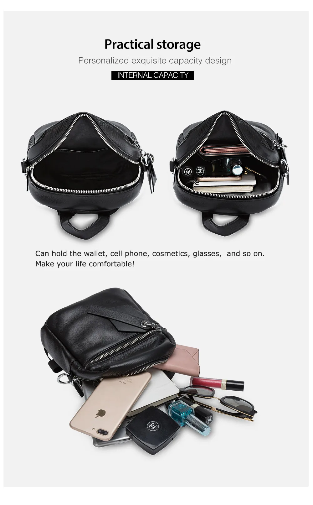 Zency Модный женский рюкзак из натуральной кожи, пляжный ранец, Большой Вместительный школьный ранец для девочек, черные маленькие дорожные сумки