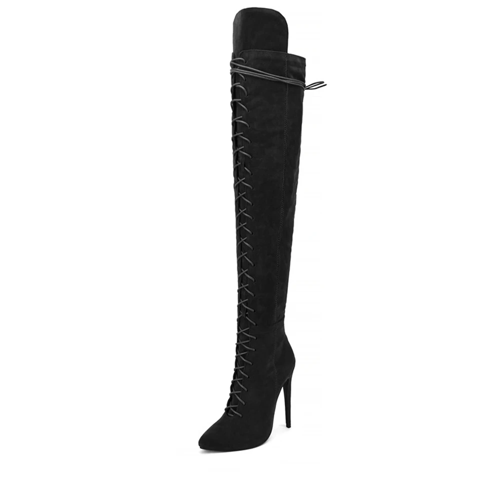 BONJOMARISA/Новые пикантные ботфорты выше колена на шнуровке, Размеры 35-47 женские ботфорты женские вечерние сапоги на высоком каблуке - Цвет: black
