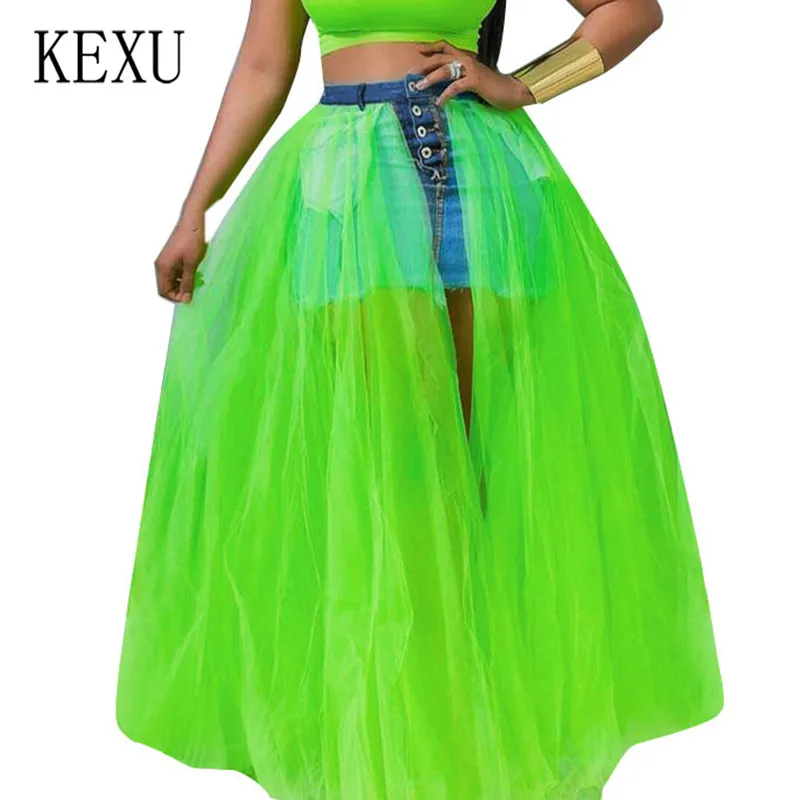 

KEXU Explosion Splicing Mesh Perspective Large Swing Skirt Personality Reverse Cowboy Big Pocket Skirt New Fashion Pettiskirt