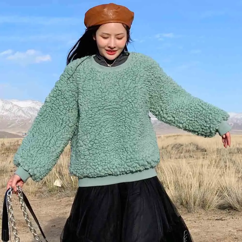 ANSFX Korea Hairy Shaggy Faux Lamb Fur Sweatshirt Long Lantern Sleeve O-Neck Pullover Coat Women Keep Warm Outerwear Top 2 Color