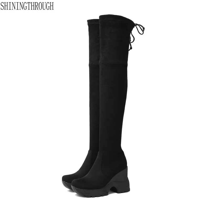 

Women Over The Knee High Boots suede Leather wedges high heels platform Wedding Shoes Woman Socks Boots Big Size 41 42