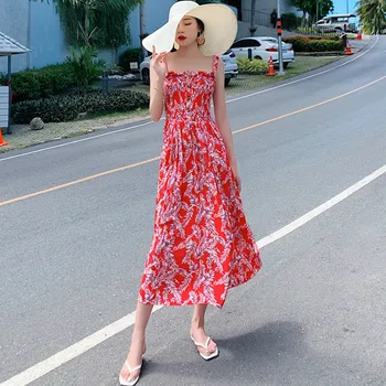 

Women Chiffon Dress 2020 Summer Female Vintage Elastic Spaghetti Strap Sleeveless Holiday Dress Bohemian Beach Maxi Sundress