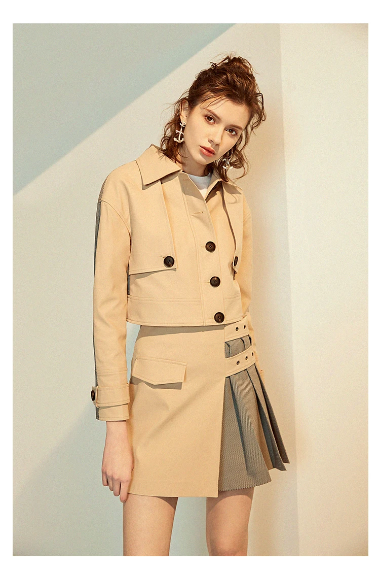 

2019 Spring Elegant lady two piece set Fashion solid short Trench coat and skirt 2 piece set women Casual business sets