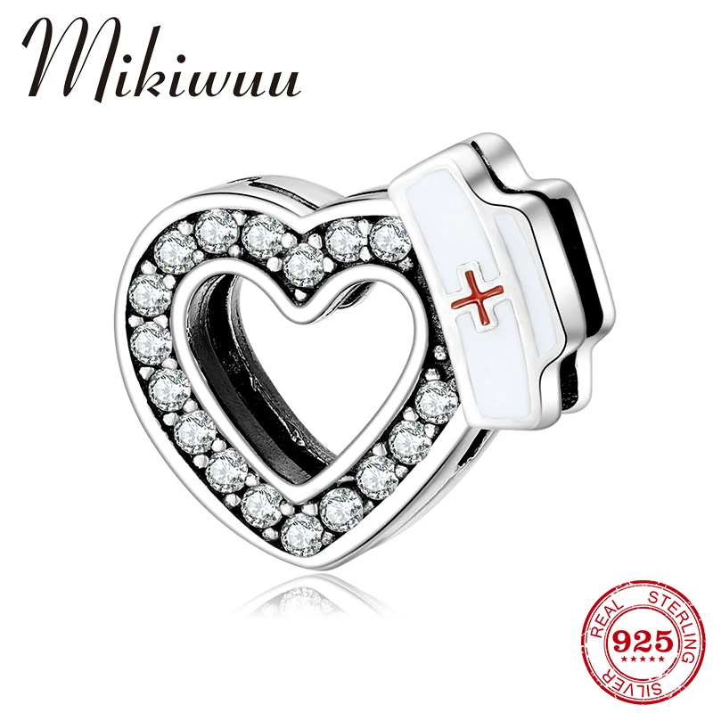 Hot 925 Sterling Silver Nurse cap Heart Clips Beads with Clear CZ Fit Original Reflection Charm Watch Bracelets DIY Jewelry