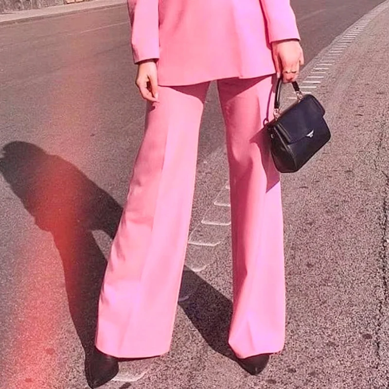 Aartiee Повседневный офисный Женский блейзер брюки костюм осень розовый длинный рукав двубортный Женский блейзер Высокая талия уличная