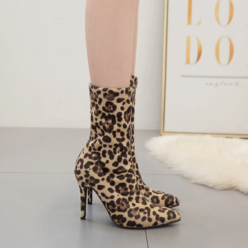 

Leopard Women Ankle Boots Sock Boots Pointed Toe Thin High Heels Short Boots Slip On Party Boots Woman Sexy Party Gladiator Shoe