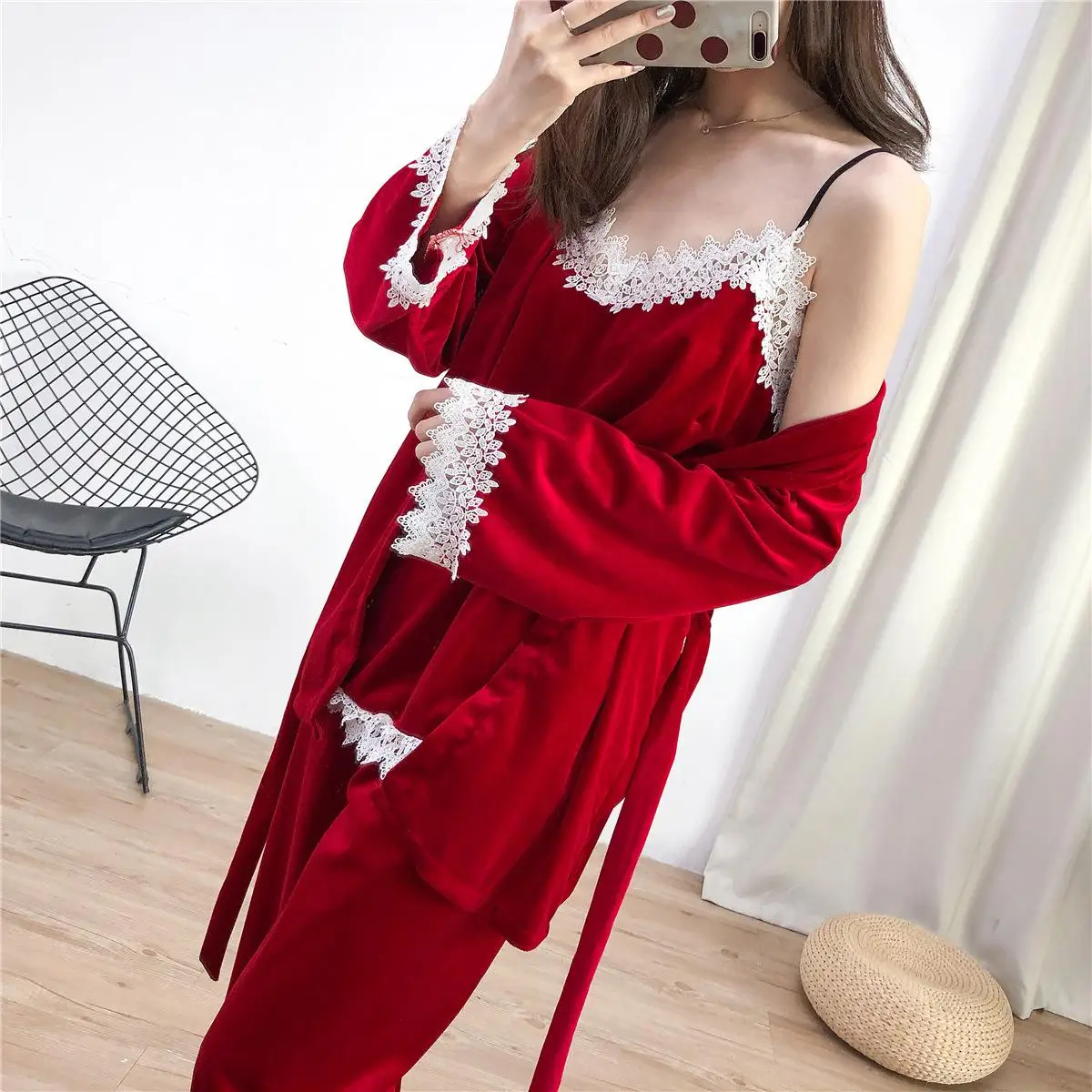 3PCS Robe Set 7 3 шт., сексуальный кружевной Женский бархатный халат, набор, одежда для сна, кимоно, халат, одежда для сна, Пижамный костюм, осенняя новая велюровая Домашняя одежда, M L XL - Цвет: 3PCS Robe Set 7