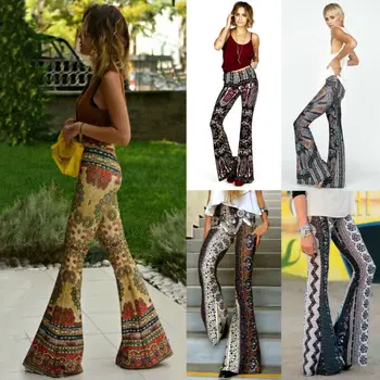 

Women Boho Hippie High Waist Loose Wide Leg Flared Bell Bottom Flroal Long Pants