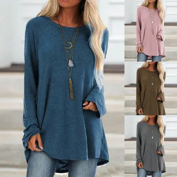 

Blouse Women Shirt Women Tops блузка женская Solid Long Sleeve Irregular Sweatshirt Loose Print Pullover Tops Blouse Free Ship