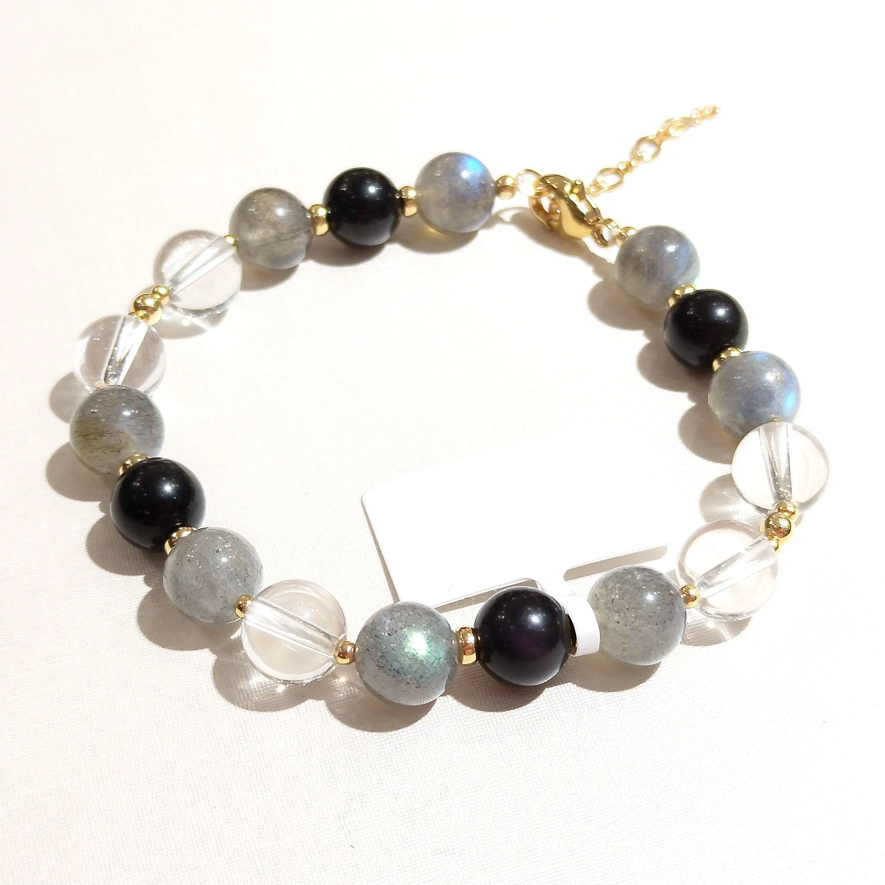 

Lii Ji Natural Labradorite Obsidian Clear Quartz 8mm American 14k Gold Filled Adjustable Bracelet