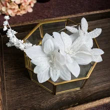 4pcs sets Bride hair clips women White Satin Flower Earrings Sets Rice Bead Flower Beach Wedding barette cheveux femme