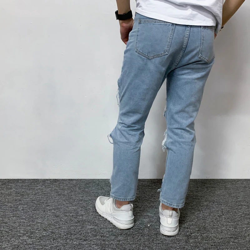 Denim pants, men's hole, light blue, broken, tassel nightclub, hip-hop, straight, loose old pants, Korean