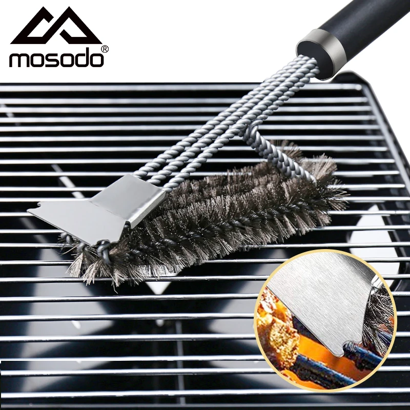 Long BBQ Grill Brush Cleaner Steel Bristle Barbecue Cleaning Tool With 2 Scraper 