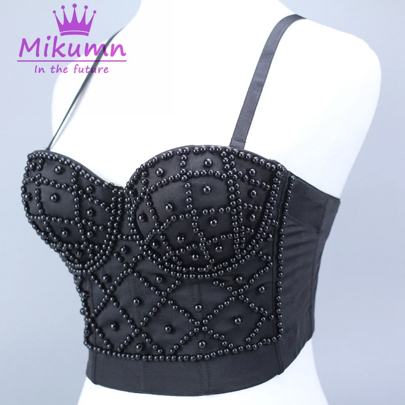 Черный белый жемчуг Bralet Corselet женский ночной клуб вечерние бюстье бюстгальтер обрезанный Топ Плюс Размер Camis Mujer