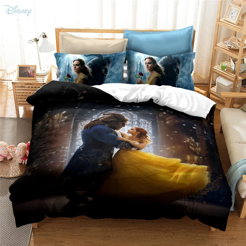 Juego de nórdica con de La Bella y La Bestia en 3d, ropa de cama con funda de almohada de Disney, para niños, adultos y niños|Juegos de ropa de