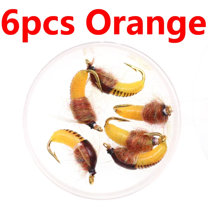 Bimoo 6 шт.#12 Реалистичная Nymph Scud Fly для ловли форели Nymphing искусственная приманка-насекомое приманка Caddis Nymph Fishing Fly - Цвет: 6PCS orange
