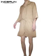 INCERUN, корейский Повседневный мужской однотонный комбинезон с рукавом 3/4, модный тренд, удобные мужские мешковатые комбинезоны с отворотом, уличная одежда