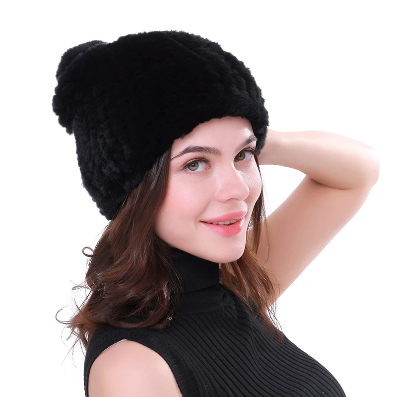 Real rex rabbit fur hat women winter knitted fur beanies cap with fur pom poms new thick female cap Elastic Soft warm