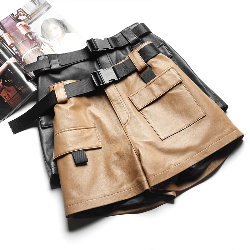

Women Chic Fashion With Belt Top Quality Real Leather Shorts Vitnage Mid Waist Zipper Fly Pockets Female Short Pants Mujer