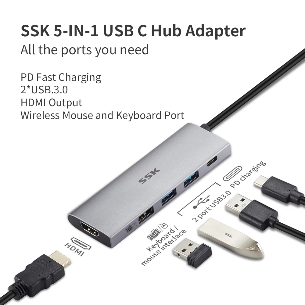 Bibliografi forværres favorit SSK Type-C Hub USB Hub Type-C to USB 3.0 Keyboard Mouse Interface PD  Charging for USB Hard Drive Laptop Tablet PC