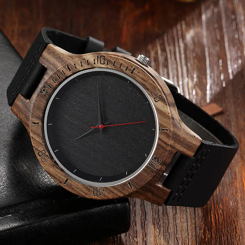 wood watch Гравировка деревянные часы для мужчин черный циферблат воловья кожа ремешок мужские s натуральная древесина грецкого ореха повседневные кварцевые мужские наручные часы Рождественский подарок - Цвет: wood watch