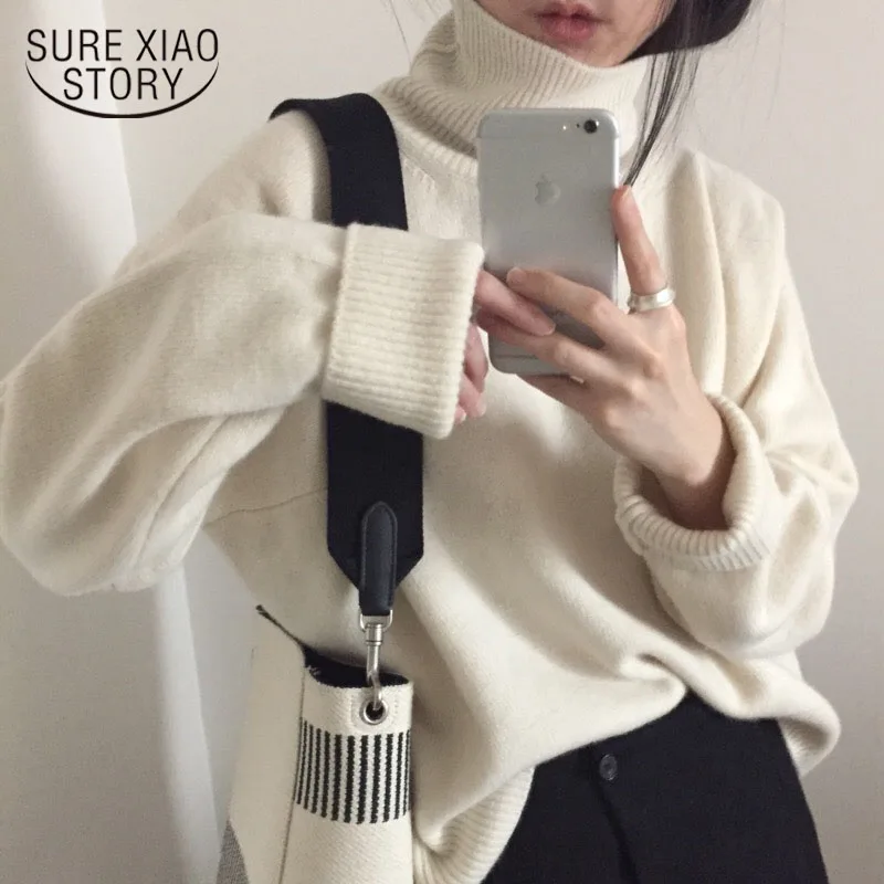 

2022 Spring Winter Core-spun Elegant Turtleneck Loose Sweater Pullover Solid Long Sleeve Women Sweaters Pull Femme 10950