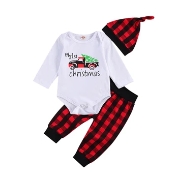 オンライン 3個新生児の少年少女のクリスマス服セット長袖ロンパーストップチェック柄パンツ帽子0-24m