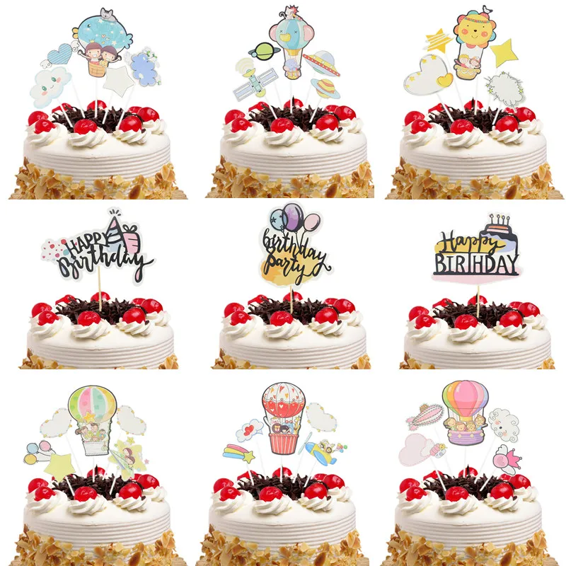 9 style Happy Birthday Cake Topper Flags Hot Air Balloon Cloud Fish Cake Toppers Wedding Baby Shower Party Baking DIY Decor