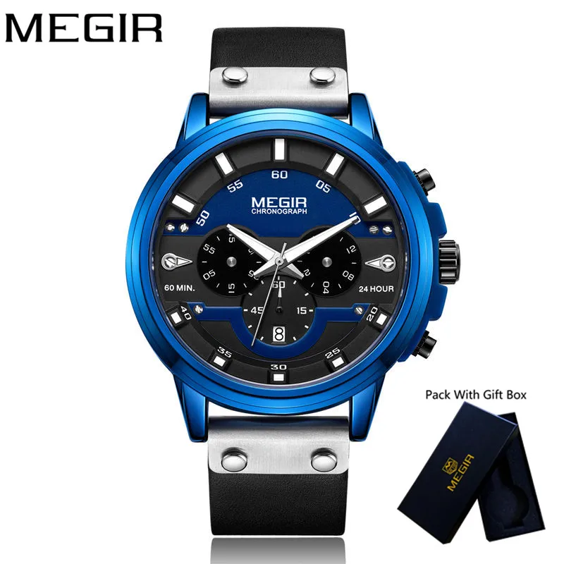 Часы наручные MEGIR мужские с хронографом брендовые Роскошные синие спортивные в