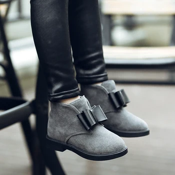 

Stock Sale Autumn Winter Children Boots PU Flock Leather Snow Boots Kids Warm Boots Girls Fashion Bow-tie Shoes Grey Size 33-35