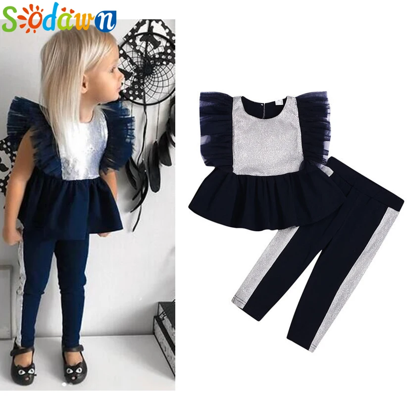 

Sodawn Children Clothing Sets Summer Girls Mesh Gauze Gray Black Color Matching Kids Clothes Suit Girls Costume Outfits