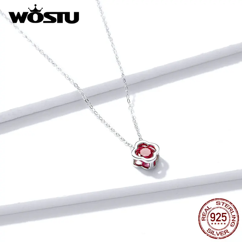 WOSTU, лидер продаж, подлинное 925 пробы Серебряное ожерелье клевера с ярко-красным цирконием, ювелирные изделия для женщин, свадебный подарок DAN152