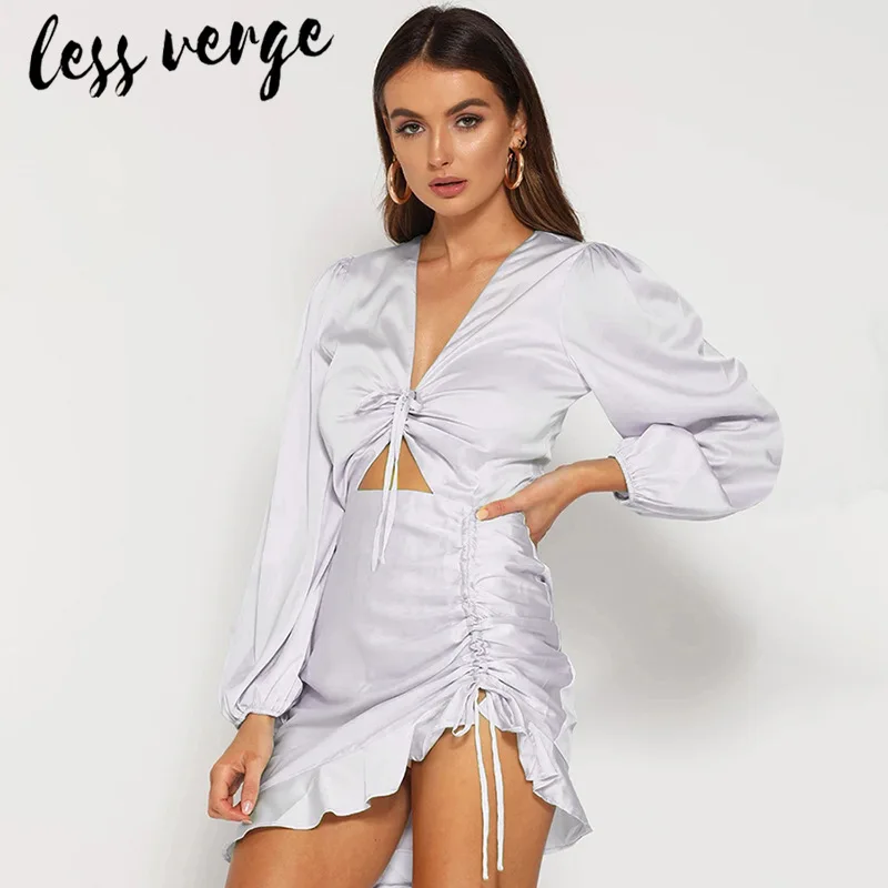 Lessverge, элегантное, Клубное, вечерние, атласное, шелковое, черное платье, гофрированное, рукав-фонарик, сексуальное платье, женское, с оборками, мини, Бандажное платье-карандаш