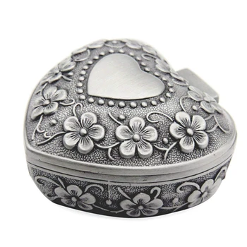 

Classic Vintage Antique Heart Shape Jewelry Box Ring Small Trinket Storage Organizer Chest Christmas Gift,Silver