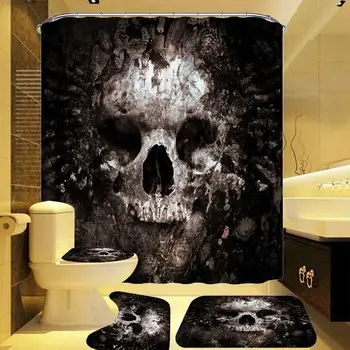 

2020 Skeleton Hallloween Non Slip Toilet Polyester Cover Mat Set Bathroom Shower Curtain Horror Halloween Festival Ghost Decor