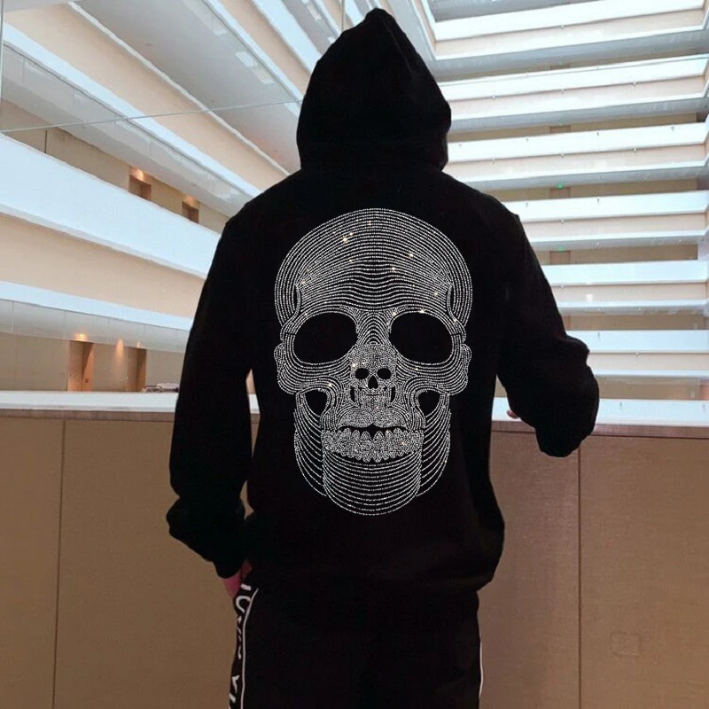 

Men's Brand Extra Large Skull Rhinestone New Arrival Korean Hoodies Trend Unique Hoody Hair Stylist With Hat Long Sleeve