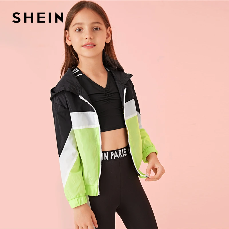 SHEIN Kiddie/ветровка с капюшоном и молнией спереди для девочек, пальто осенняя одежда для активного отдыха для подростков г. Куртки с цветными блоками
