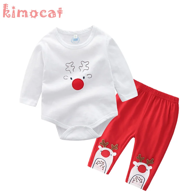 Kiomcat Рождественский костюм для новорожденных, комплект одежды на весну-осень, боди+ штаны, пижама из 2 предметов, Рождественская Одежда для маленьких мальчиков и девочек - Цвет: White