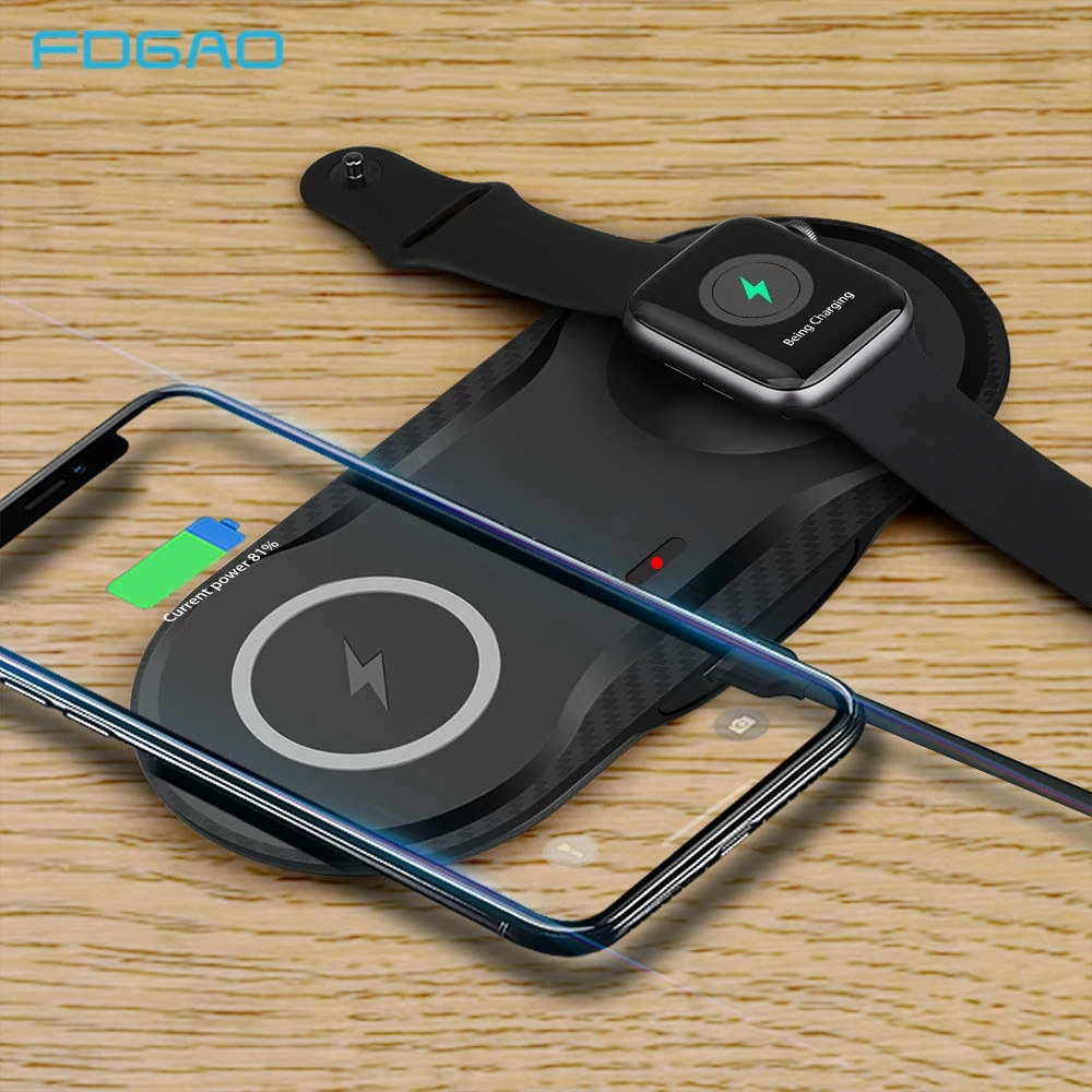 

FDGAO Wireless Charger 2 in 1 Charging Pad 10W Qi Fast Charging Dock for Apple Watch 5 4 3 2 Airpods iPhone 11 Pro Max XS XR X 8