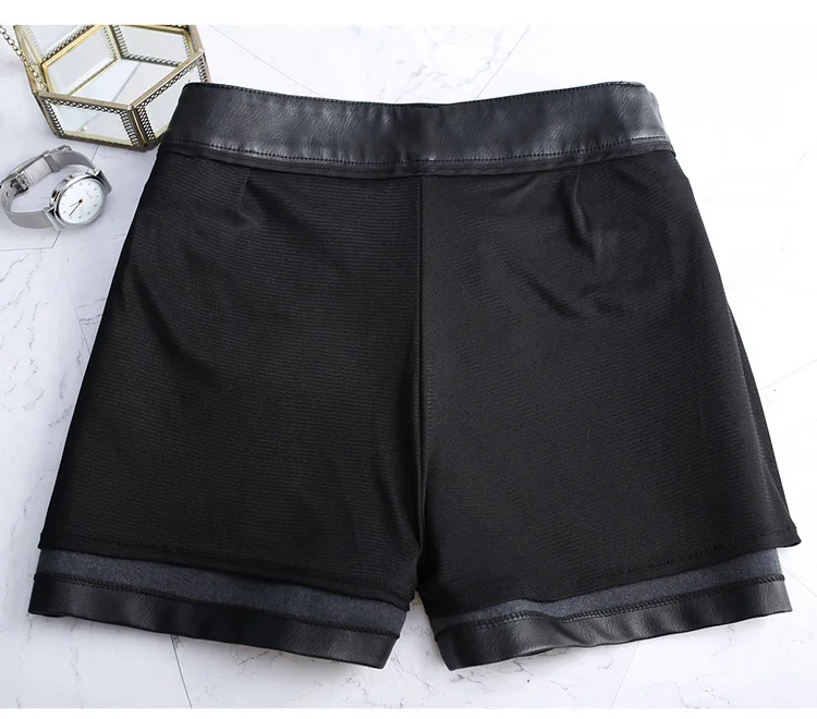 1pcs Women's Plus size shorts Autumn PU leathe Button Splicing Black super shorts Ladies Skinny Leatherwear super shorts