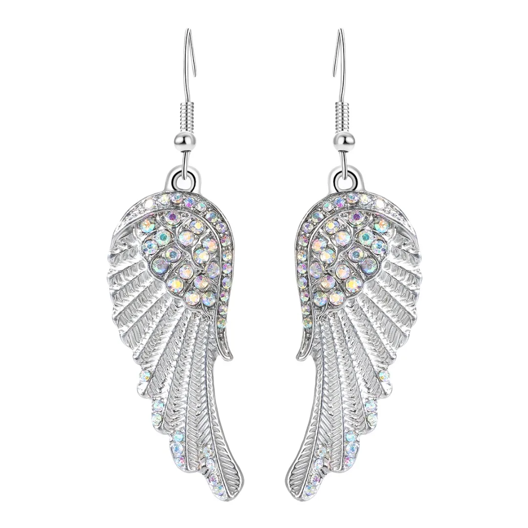 Fashion Romantic Blue White Pink Colors Angel Wings Earrings Crystal Rhinestone Long Dangle Earrings For Women Exquisite Jewelry
