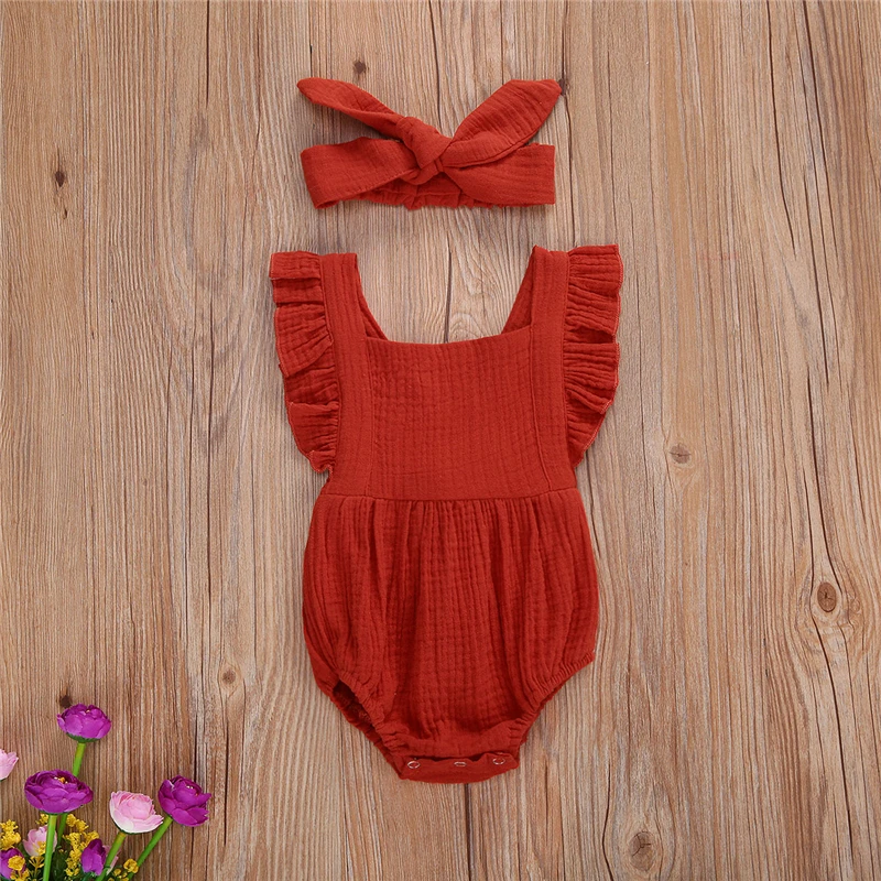 

Fashion Newborn Baby Girls Outfit Set Fly Sleeve Solid Color Romper and Headband Set Summer clothes Cotton Fabric Kids romper