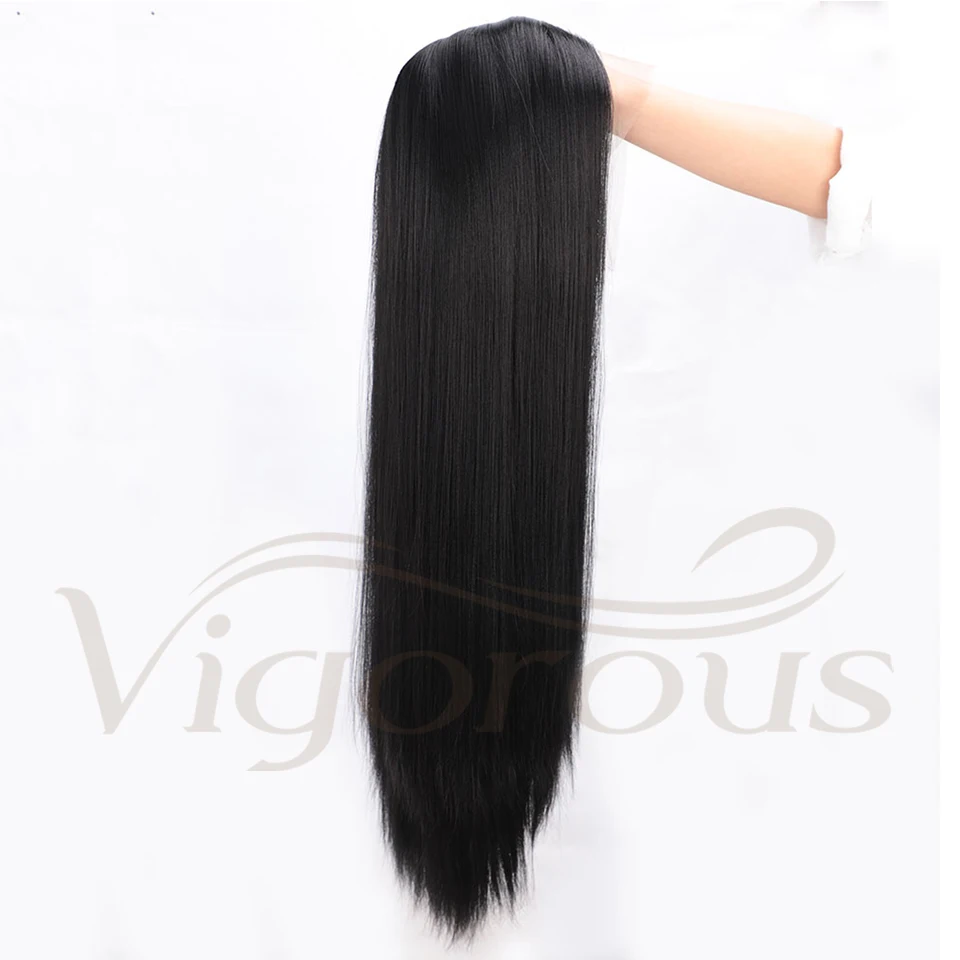 Vigorous 13x6 парик на кружеве для черных женщин 26 дюймов Синтетические длинные прямые парики Черный цвет натуральные парики Косплей волосы - Цвет: Black