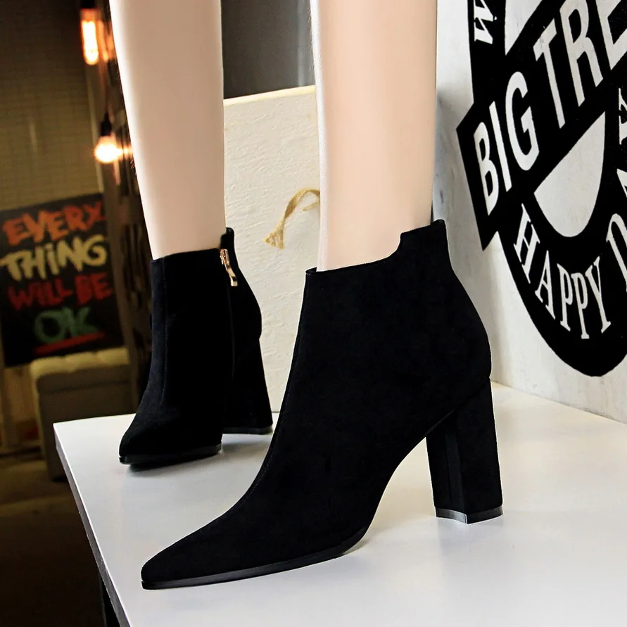 

Zip Ankle Boots Woman Square High Heels Shoes Pointed Toe Short Boot Casual Ladies Winter Booties Zapatos De Mujer Black Khaki